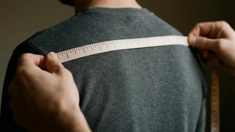 A measuring tape drawn across a rider's shoulders during a Dainese Custom Works fitting