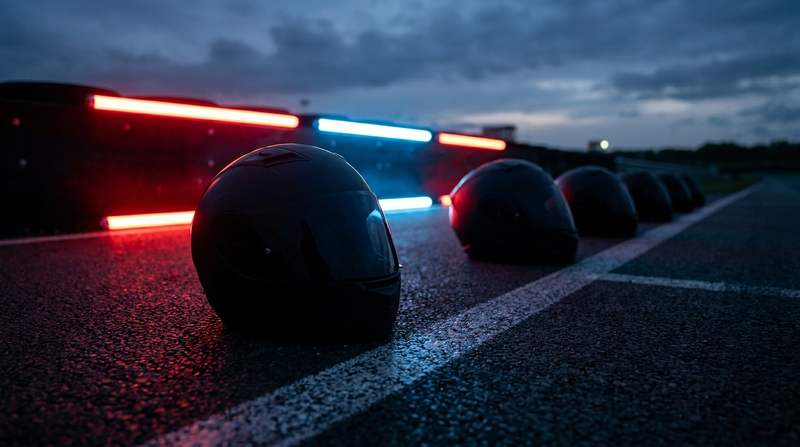 A row of full-face racing helmets on a wet starting grid at dusk
