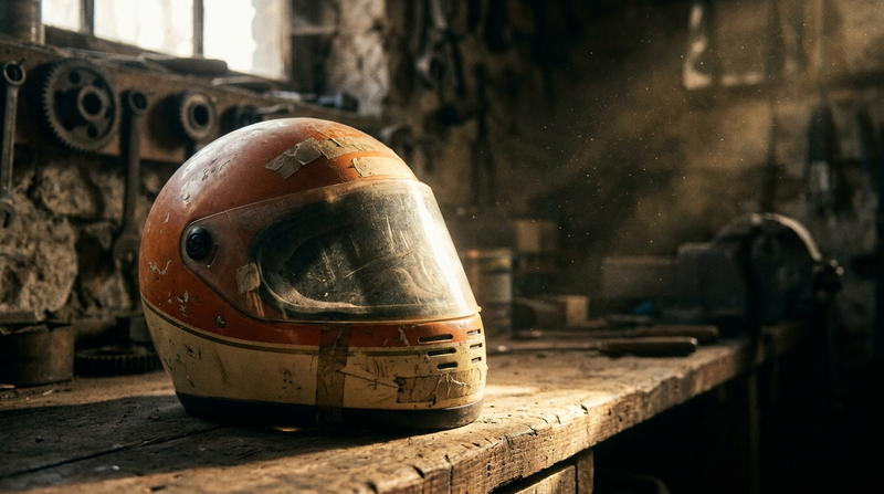 An old, faded full-face motorcycle helmet resting in a dusty workshop
