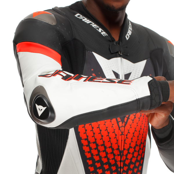 Dainese Laguna Seca 6 one-piece leather race suit in White/Red, men's perforated version