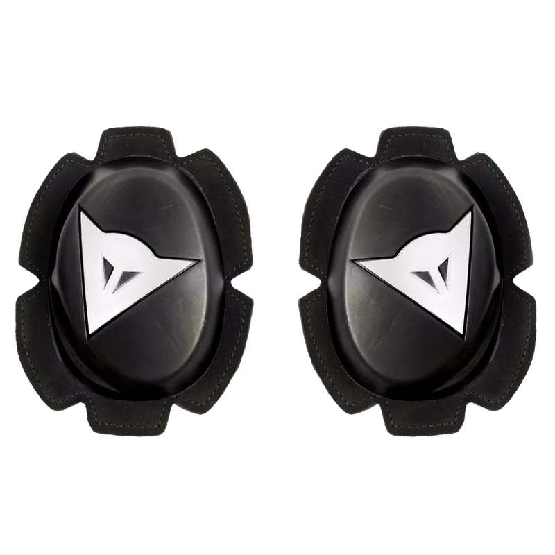 Dainese Pista knee sliders in black and white, high-density TPU construction