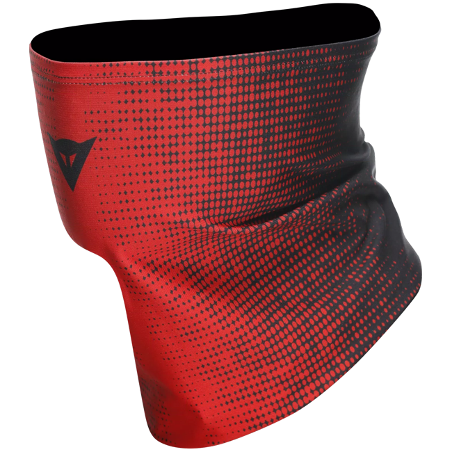 Dainese neck tube in black and red with Dainese logo, Coolmax fabric