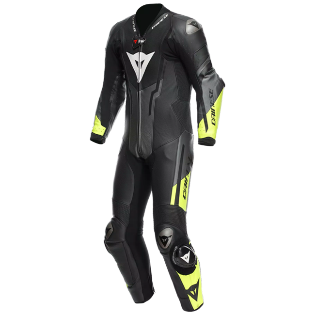 Dainese Misano 3 Perf. D-AIR® men's one-piece leather race suit in black and neon yellow