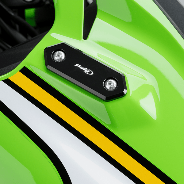 Puig black anodised aluminium mirror covers for Kawasaki ZX-4RR 2023-2026