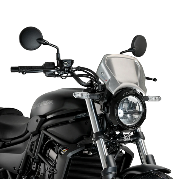 Puig Aluminium Front Plate Windscreen for Kawasaki Eliminator 500 / SE (2024–2026) – mounted on bike (Silver)