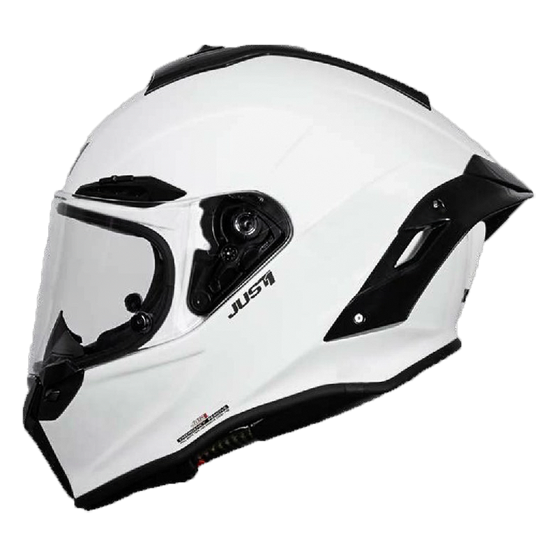 Just1 J-GPRF racing helmet in solid gloss white, front three-quarter view