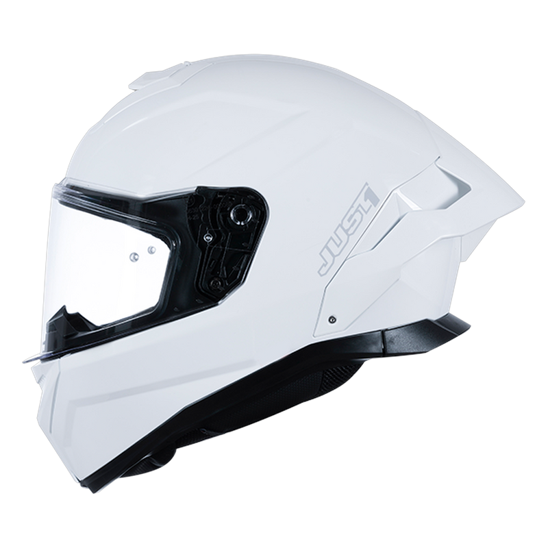 Just1 J-STR full-face helmet in solid gloss white, front three-quarter view