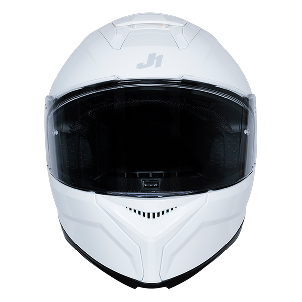 Just1 J-STR full-face helmet in solid gloss white, front three-quarter view