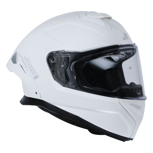 Just1 J-STR full-face helmet in solid gloss white, front three-quarter view