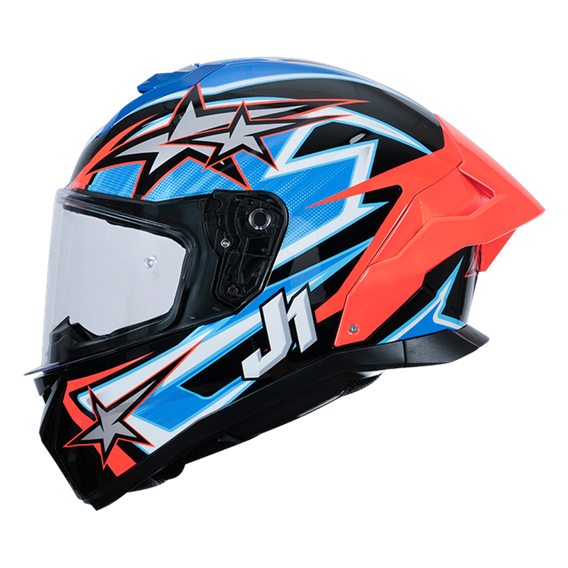 Just1 J-STR Astro full-face helmet in gloss red blue and black graphic