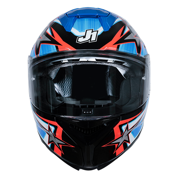 Just1 J-STR Astro full-face helmet in gloss red blue and black graphic