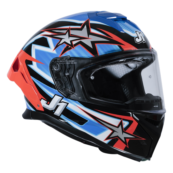 Just1 J-STR Astro full-face helmet in gloss red blue and black graphic