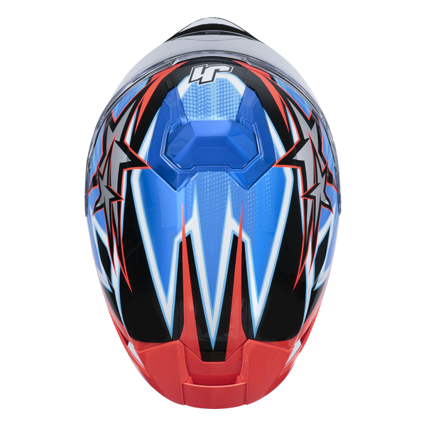 Just1 J-STR Astro full-face helmet in gloss red blue and black graphic