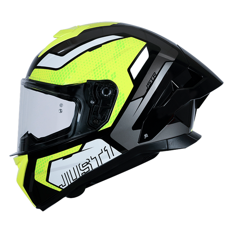 Just1 J-STR Union full-face helmet in neon yellow and gloss black