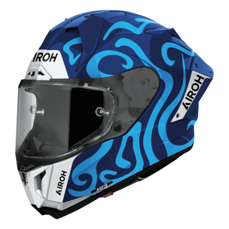 Airoh GP 800 SWAIN full-face helmet in gloss blue, three-quarter front view