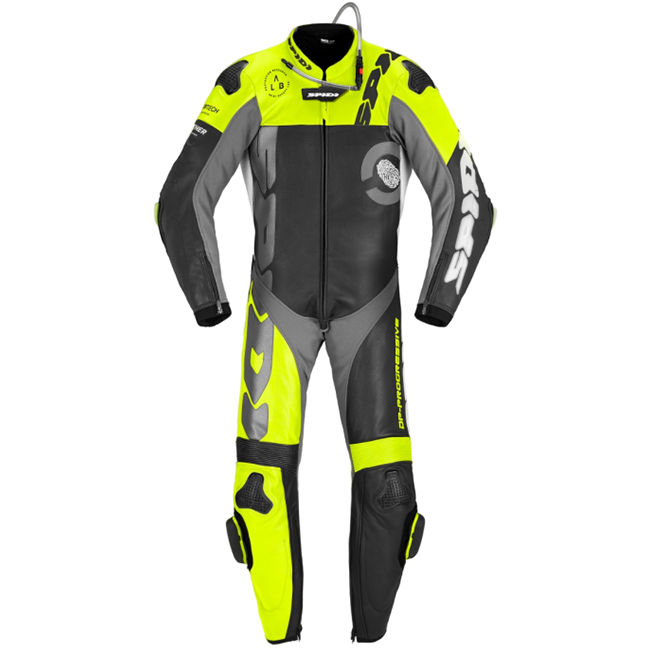 Spidi DP-Progressive one-piece leather race suit in black and fluo yellow