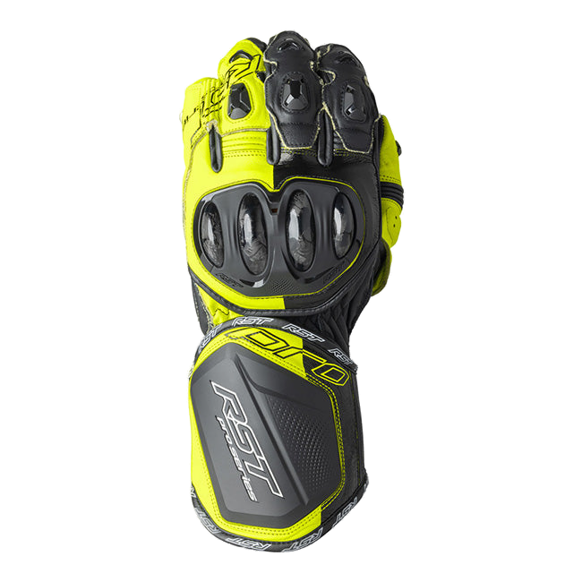RST Pro Series GP D3O men's motorcycle leather gloves in Neon Yellow and Black