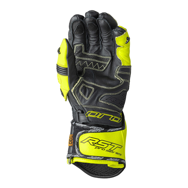 RST Pro Series GP D3O men's motorcycle leather gloves in Neon Yellow and Black