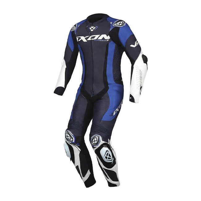 IXON Vortex 3 men's one-piece perforated leather race suit in white, grey and blue
