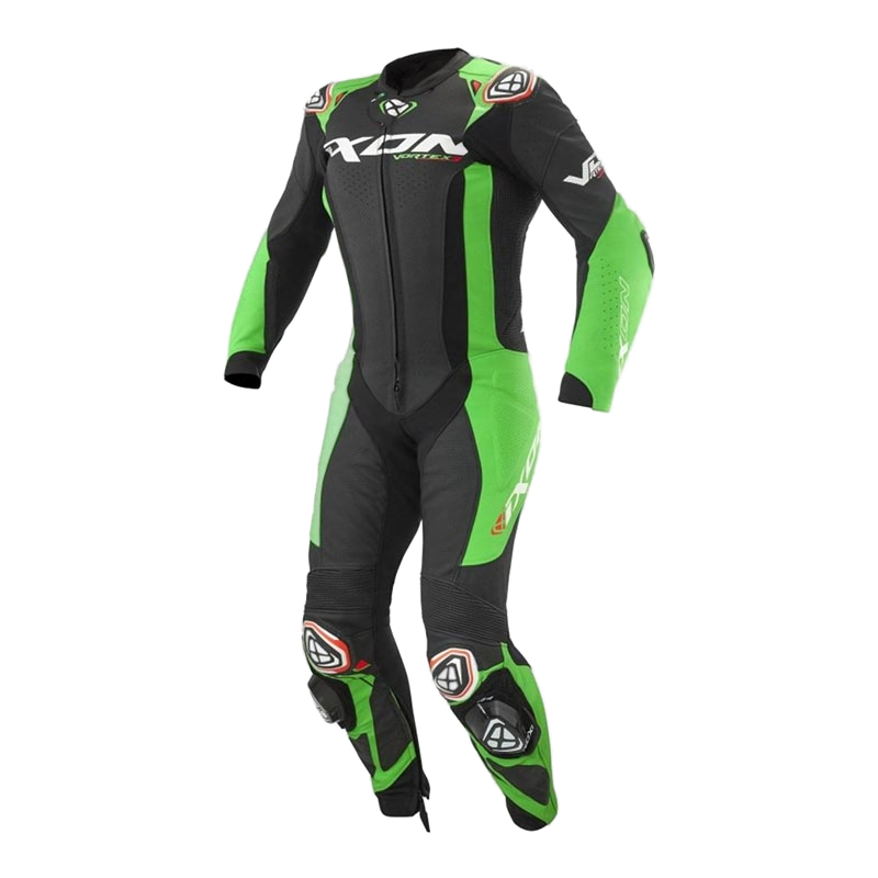 IXON Vortex 3 men's one-piece leather race suit in black and green