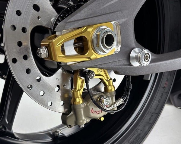 Motocorse chain tensioner kit with Brembo P2-30 caliper bracket for Ducati Panigale V4/S 2025-2026