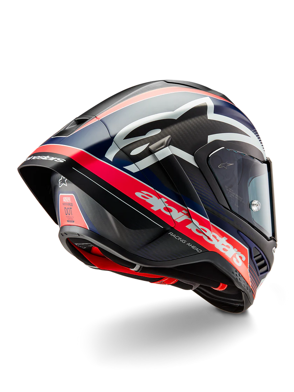 Alpinestars Supertech R10 Team helmet in Carbon Carb Fluo Red Dark Blue Matte finish