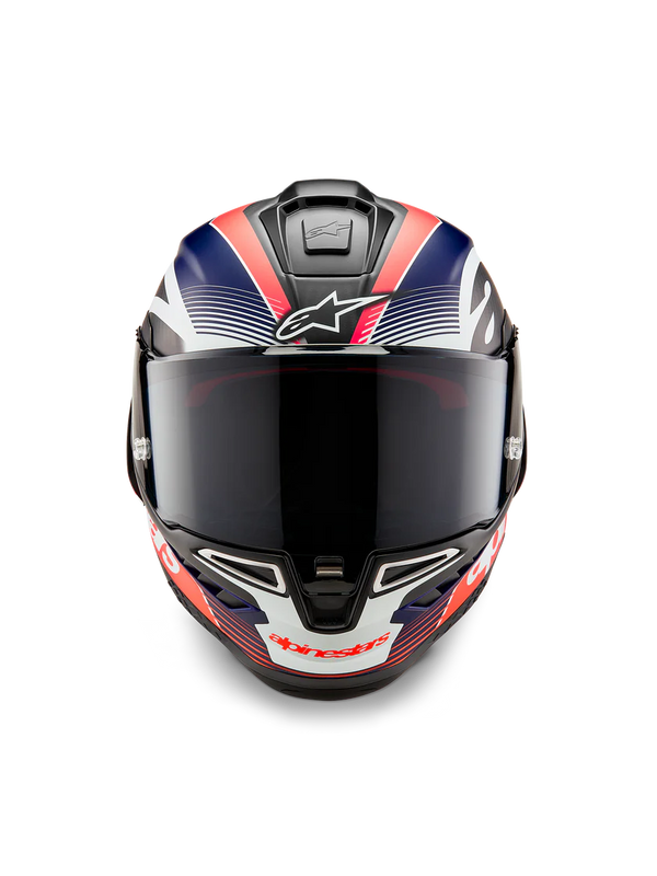 Alpinestars Supertech R10 Team helmet in Carbon Carb Fluo Red Dark Blue Matte finish