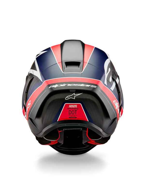 Alpinestars Supertech R10 Team helmet in Carbon Carb Fluo Red Dark Blue Matte finish