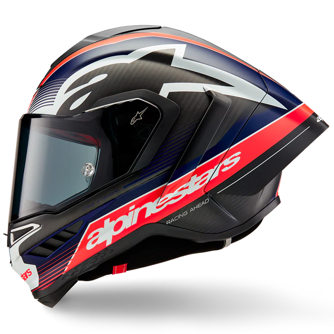 Alpinestars Supertech R10 Team helmet in Carbon Carb Fluo Red Dark Blue Matte finish