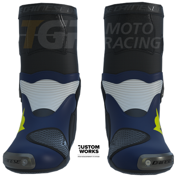 Dainese Axial 2 men's motorcycle boots in Yamaha Blue, White and Fluo Yellow Custom Works colourway