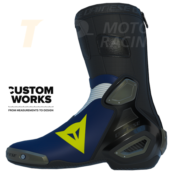 Dainese Axial 2 men's motorcycle boots in Yamaha Blue, White and Fluo Yellow Custom Works colourway