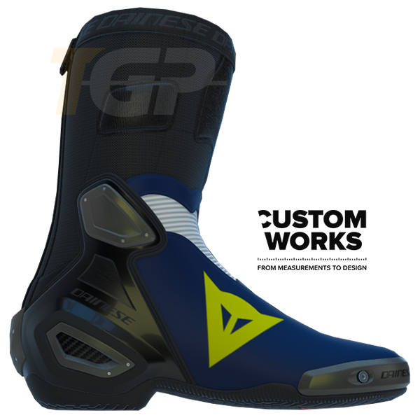 Dainese Axial 2 men's motorcycle boots in Yamaha Blue, White and Fluo Yellow Custom Works colourway
