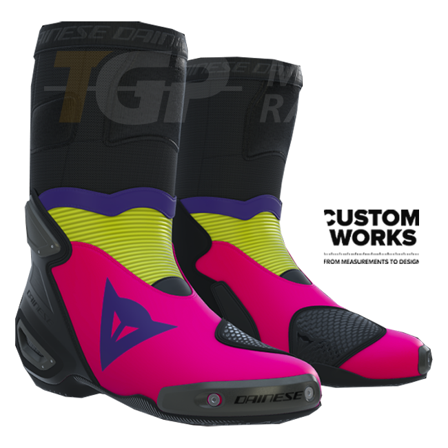Dainese Axial 2 Custom Works men's motorcycle boots in Fuxia, Viola and Fluo Yellow