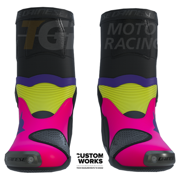 Dainese Axial 2 Custom Works men's motorcycle boots in Fuxia, Viola and Fluo Yellow