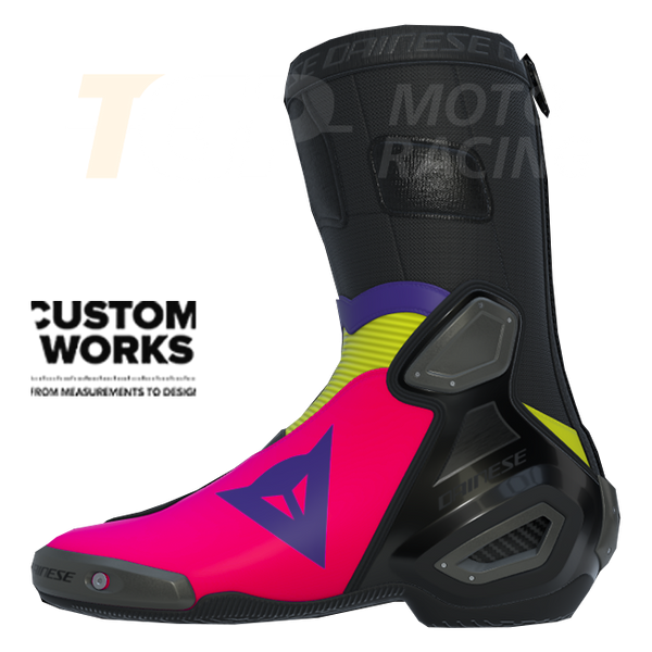 Dainese Axial 2 Custom Works men's motorcycle boots in Fuxia, Viola and Fluo Yellow