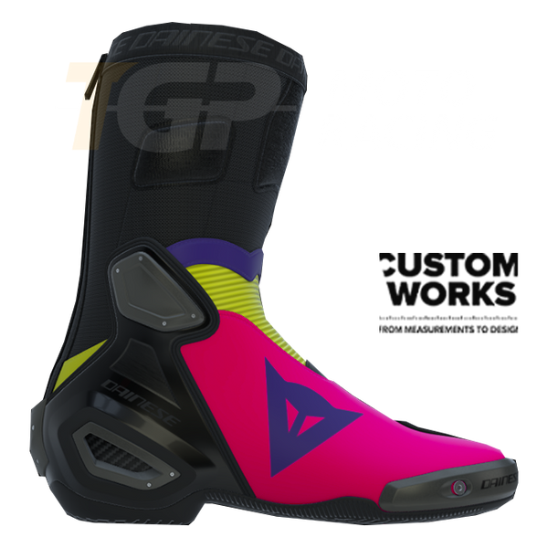 Dainese Axial 2 Custom Works men's motorcycle boots in Fuxia, Viola and Fluo Yellow