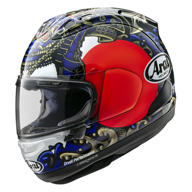 Arai RX-7V Evo full-face helmet in Samurai graphic gloss finish