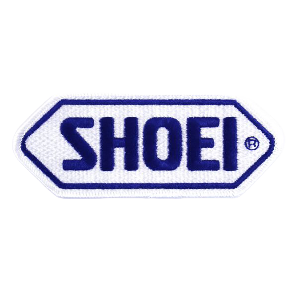 Shoei Logo Patch – White Base, Blue Logo (12.5 × 5 cm)