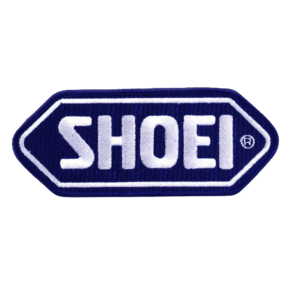 Shoei Logo Patch – Blue Base, White Logo (12.5 × 5 cm)
