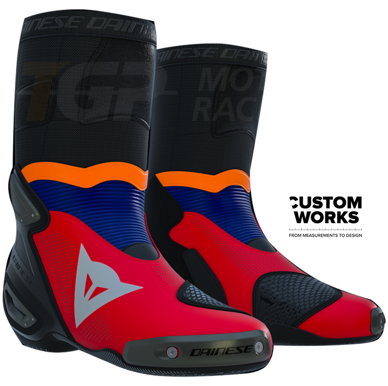 Dainese Axial 2 Air Luca Marini Replica 2026 Custom Works boots in Lava Red, Electric Blue, Fluo Orange and White