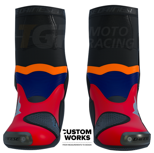 Dainese Axial 2 Air Luca Marini Replica 2026 Custom Works boots in Lava Red, Electric Blue, Fluo Orange and White