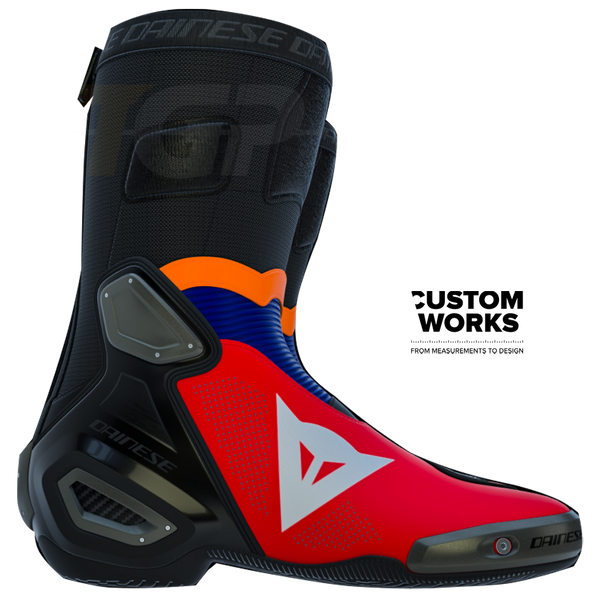 Dainese Axial 2 Air Luca Marini Replica 2026 Custom Works boots in Lava Red, Electric Blue, Fluo Orange and White