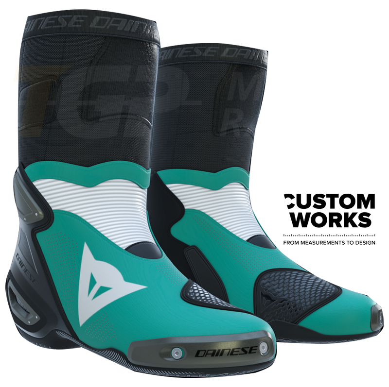 Dainese Axial 2 Air Custom Works motorcycle boots in Sardinia Sea Blue and White