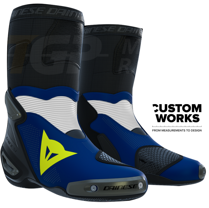 Dainese Axial 2 Air men's motorcycle racing boots in Yamaha Blue White Fluo Yellow Custom Works