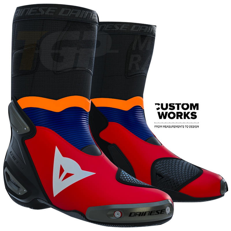 Dainese Axial 2 Luca Marini Replica 2026 Custom Works motorcycle boots in Lava Red, Electric Blue, Fluo Orange and White