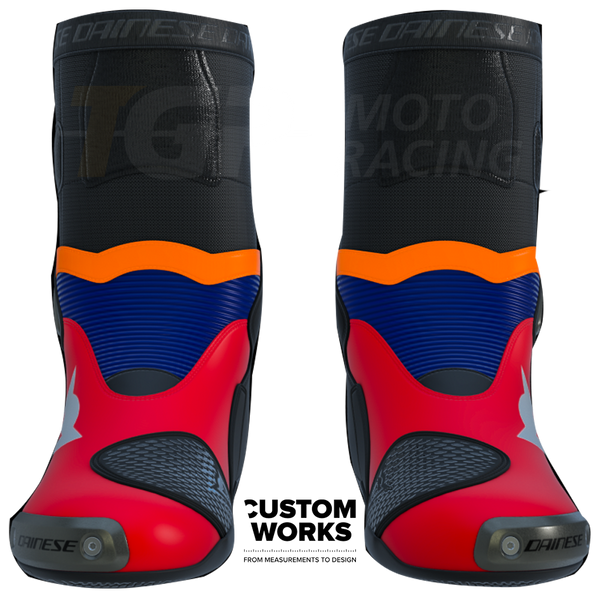 Dainese Axial 2 Luca Marini Replica 2026 Custom Works motorcycle boots in Lava Red, Electric Blue, Fluo Orange and White