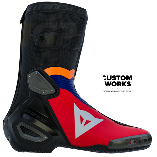 Dainese Axial 2 Luca Marini Replica 2026 Custom Works motorcycle boots in Lava Red, Electric Blue, Fluo Orange and White