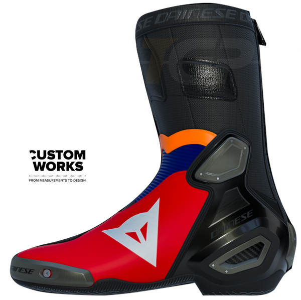 Dainese Axial 2 Luca Marini Replica 2026 Custom Works motorcycle boots in Lava Red, Electric Blue, Fluo Orange and White