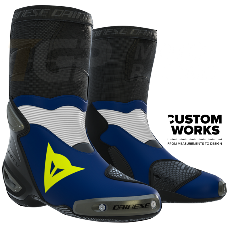 Dainese Axial 2 men's motorcycle boots in Yamaha Blue, White and Fluo Yellow Custom Works colourway