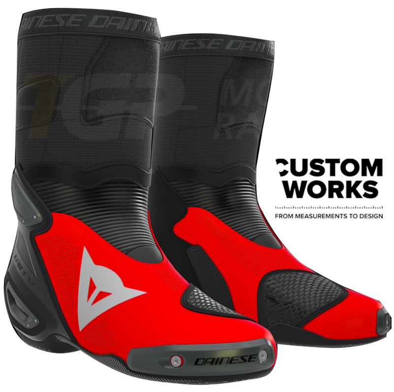 Dainese Axial 2 Air Marco Bezzecchi Replica 2026 men's motorcycle boots in Fluo Red and Black Custom Works finish